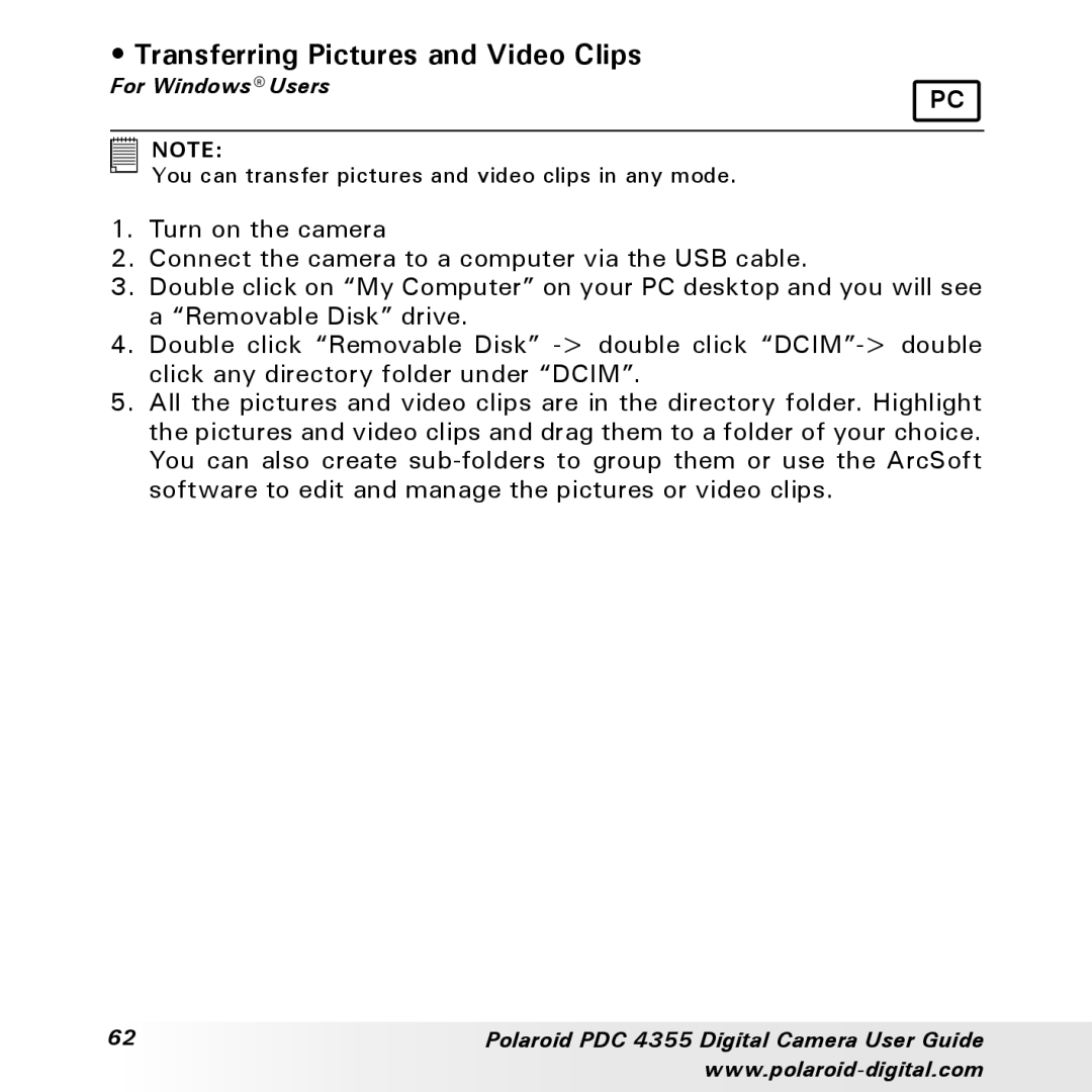 Polaroid PDC 4355 manual Transferring Pictures and Video Clips 