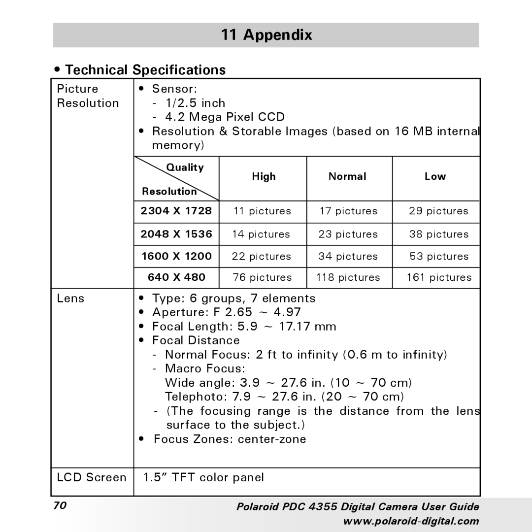 Polaroid PDC 4355 manual Appendix, Technical Specifications, Lens Type 6 groups, 7 elements 