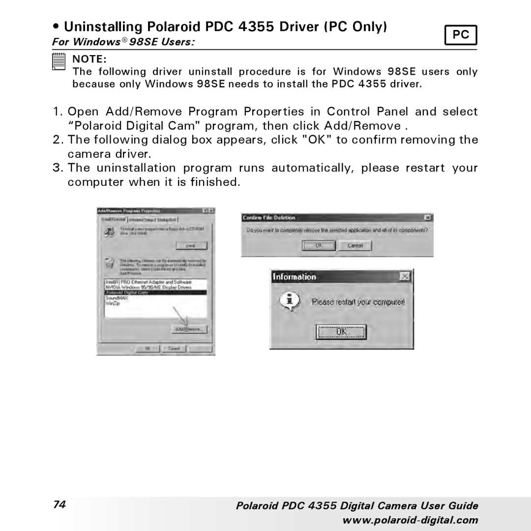 Polaroid manual Uninstalling Polaroid PDC 4355 Driver PC Only 