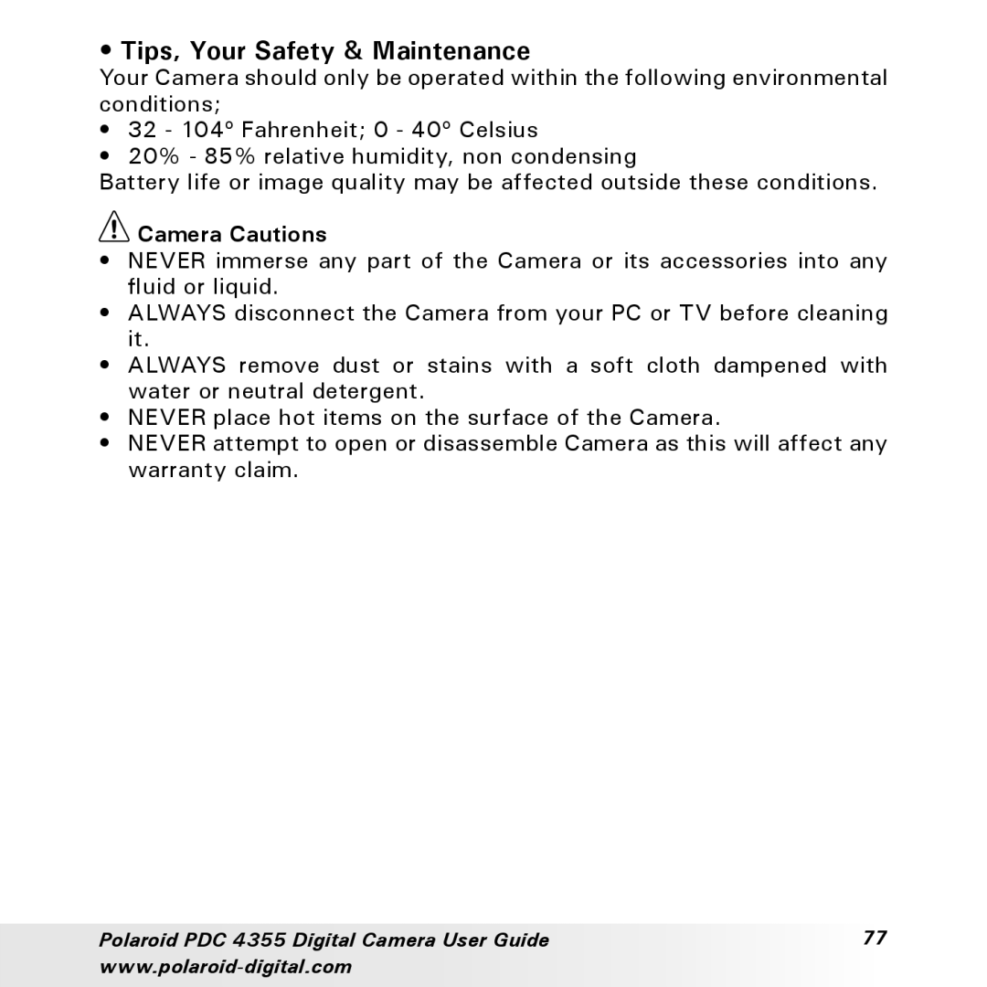 Polaroid PDC 4355 manual Tips, Your Safety & Maintenance, Camera Cautions 