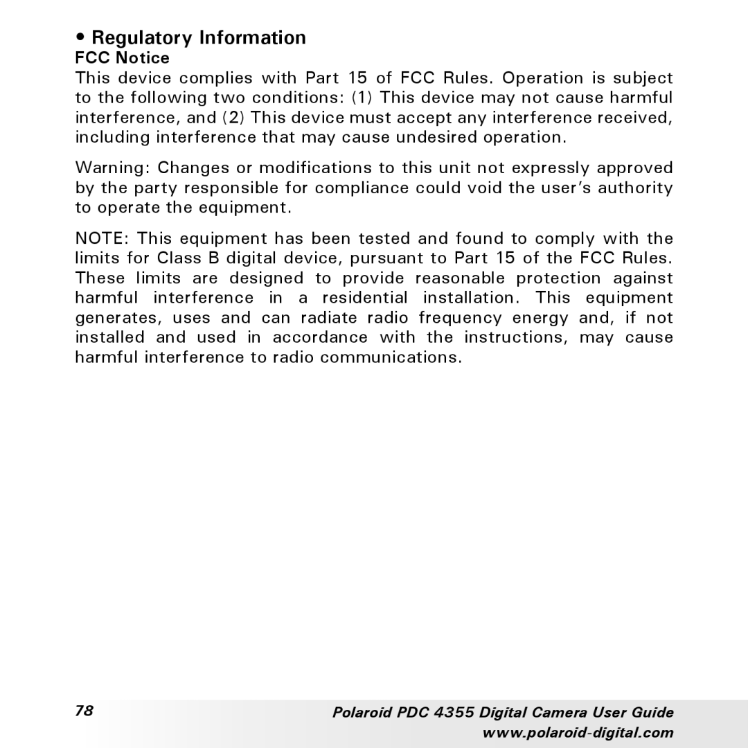 Polaroid PDC 4355 manual Regulatory Information, FCC Notice 