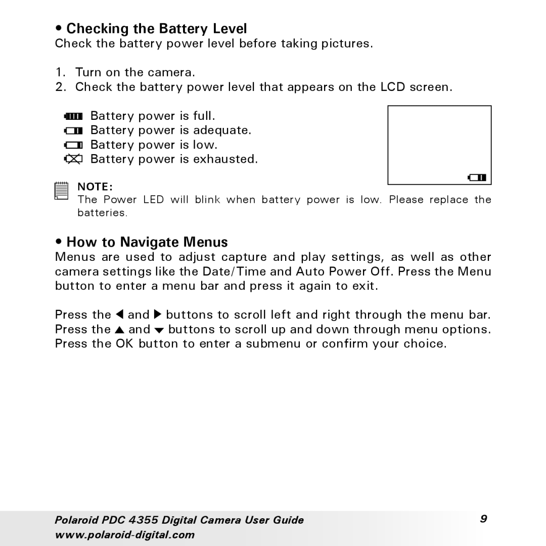 Polaroid PDC 4355 manual Checking the Battery Level, How to Navigate Menus 