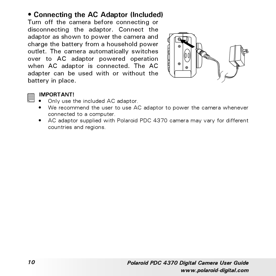 Polaroid PDC 4370 manual Connecting the AC Adaptor Included 