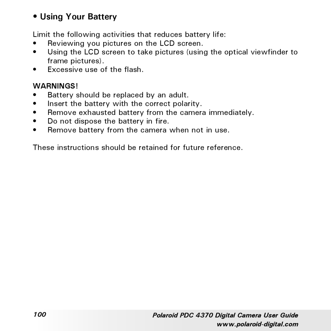 Polaroid PDC 4370 manual Using Your Battery 