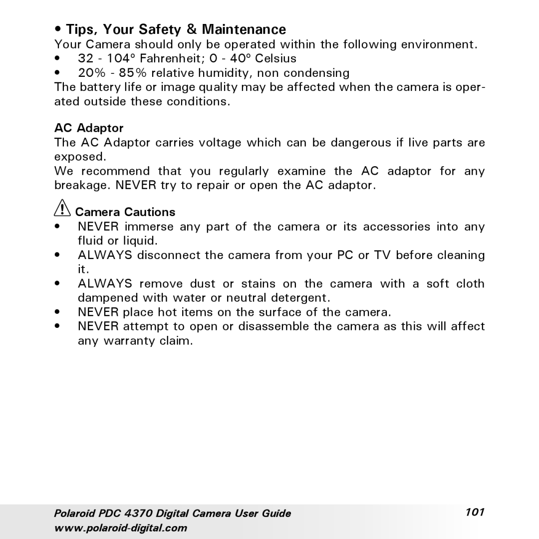 Polaroid PDC 4370 manual Tips, Your Safety & Maintenance, AC Adaptor, Camera Cautions 