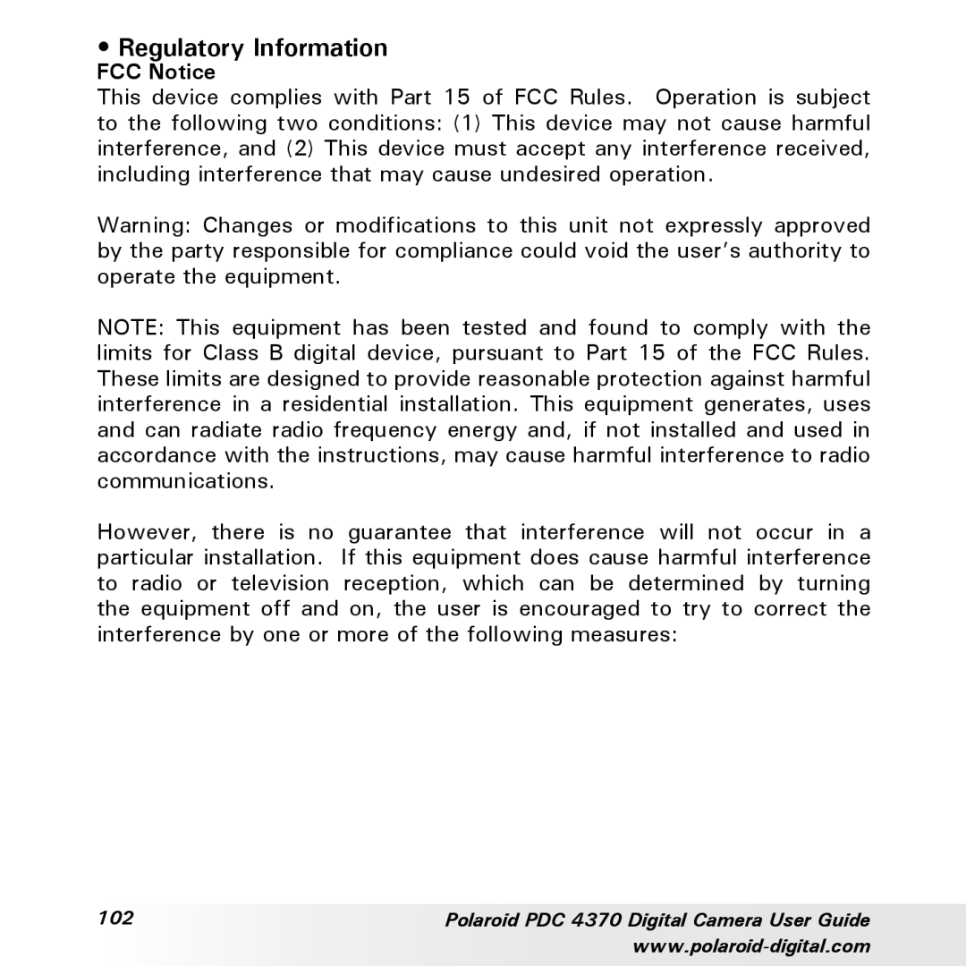 Polaroid PDC 4370 manual Regulatory Information, FCC Notice 