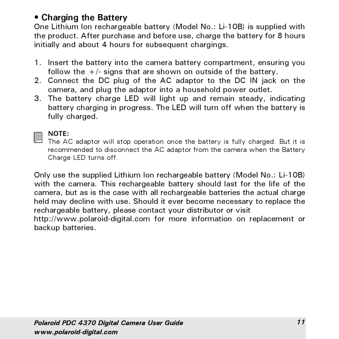 Polaroid PDC 4370 manual Charging the Battery 