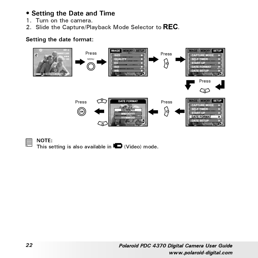 Polaroid PDC 4370 manual Setting the Date and Time, Setting the date format 