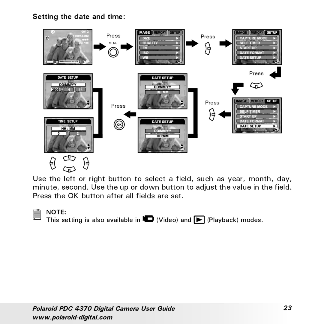 Polaroid PDC 4370 manual Setting the date and time 