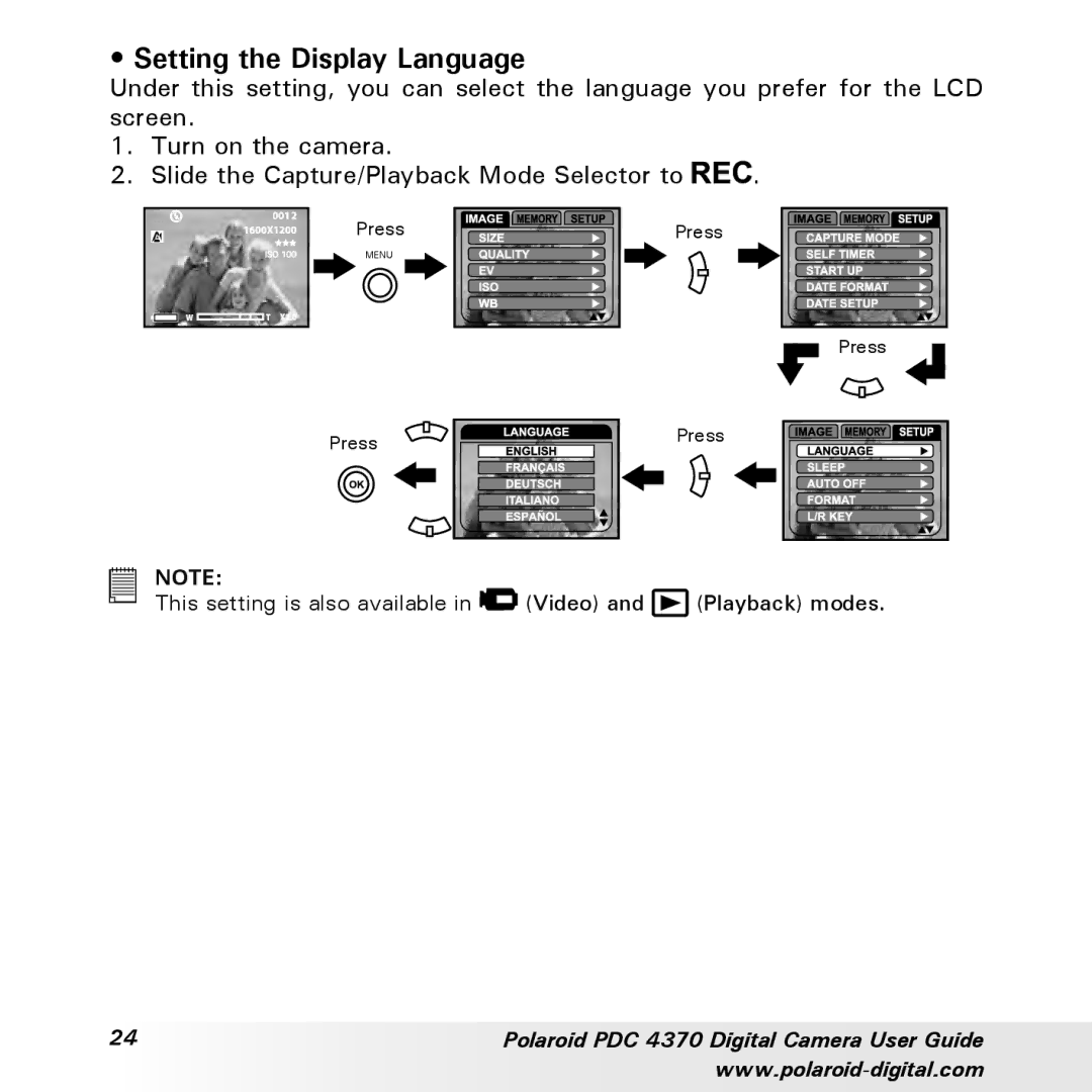 Polaroid PDC 4370 manual Setting the Display Language 