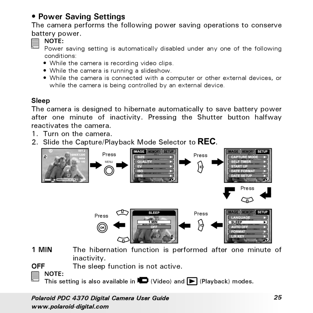 Polaroid PDC 4370 manual Power Saving Settings, Sleep 
