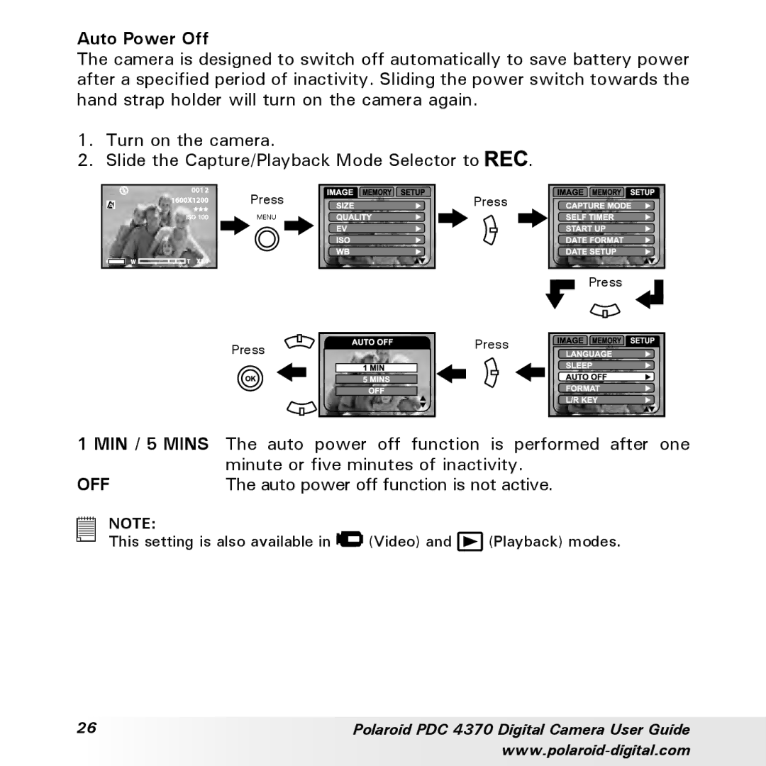 Polaroid PDC 4370 manual Auto Power Off, MIN / 5 Mins 