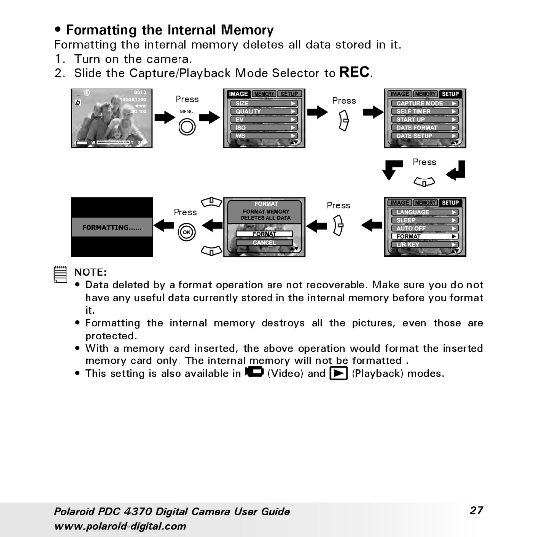 Polaroid PDC 4370 manual Formatting the Internal Memory 