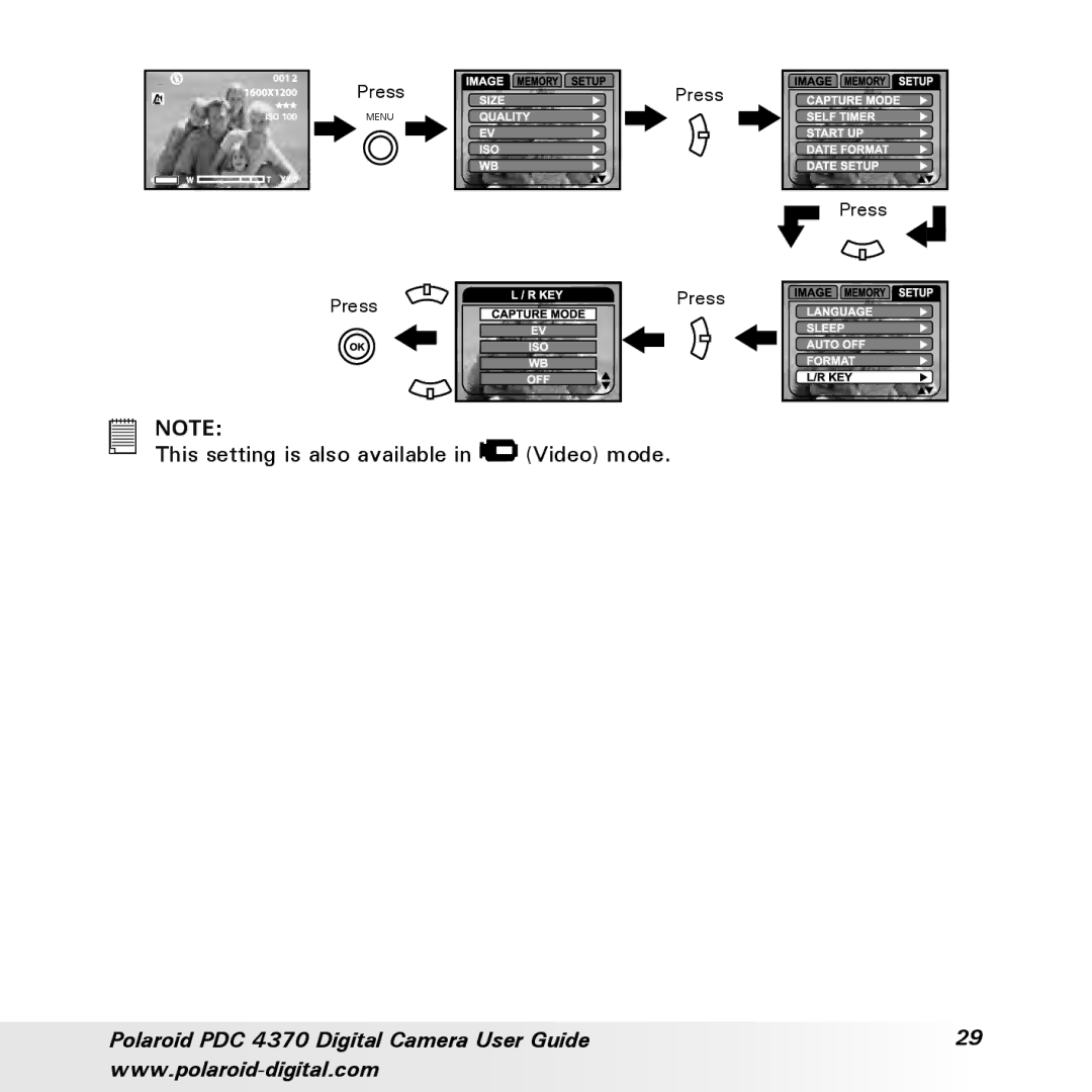 Polaroid PDC 4370 manual This setting is also available in Video mode 