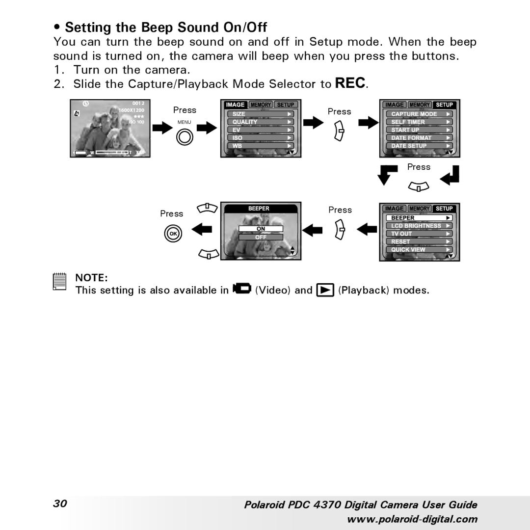 Polaroid PDC 4370 manual Setting the Beep Sound On/Off 