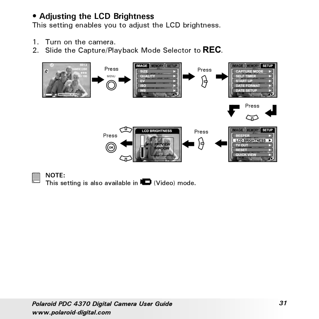Polaroid PDC 4370 manual Adjusting the LCD Brightness 