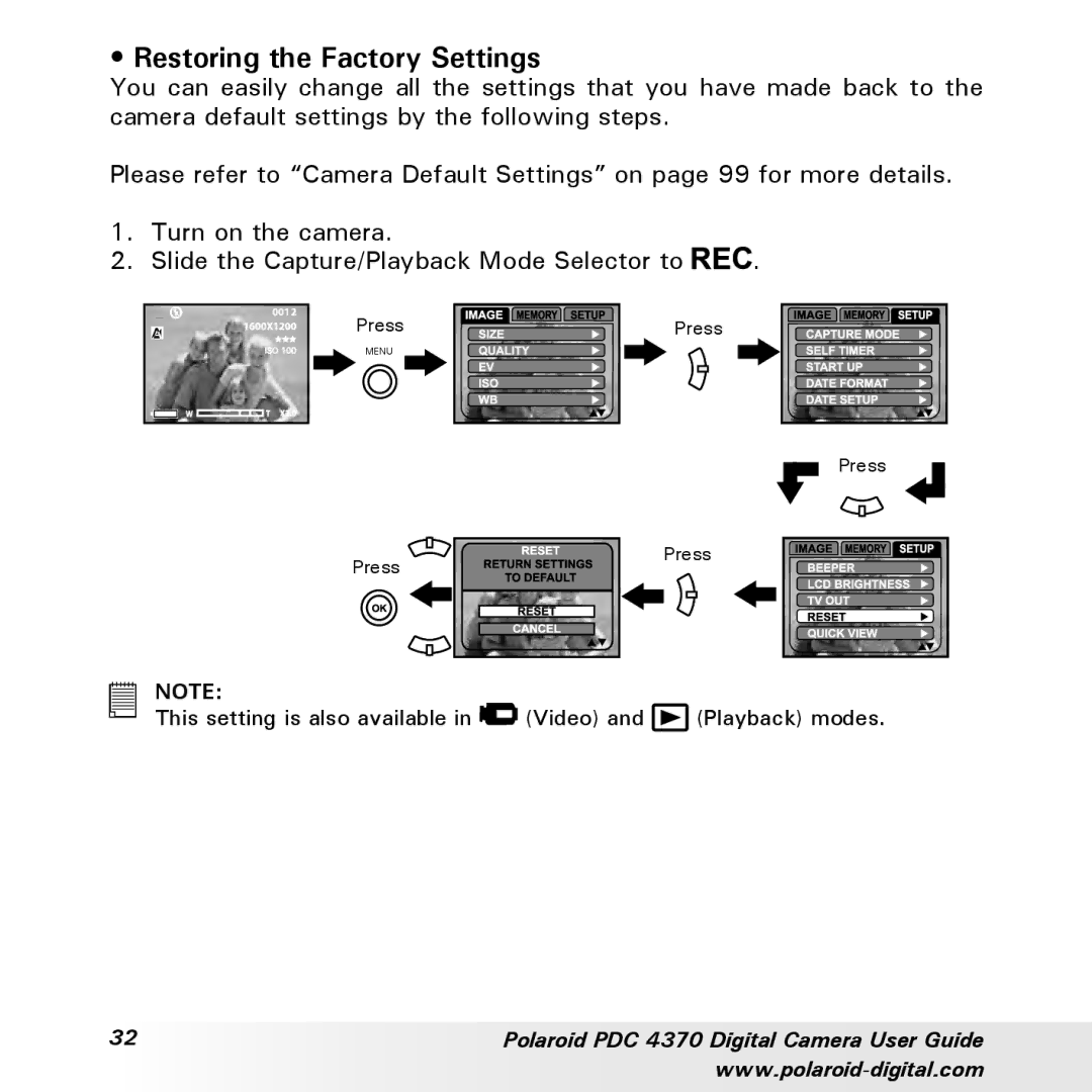 Polaroid PDC 4370 manual Restoring the Factory Settings 