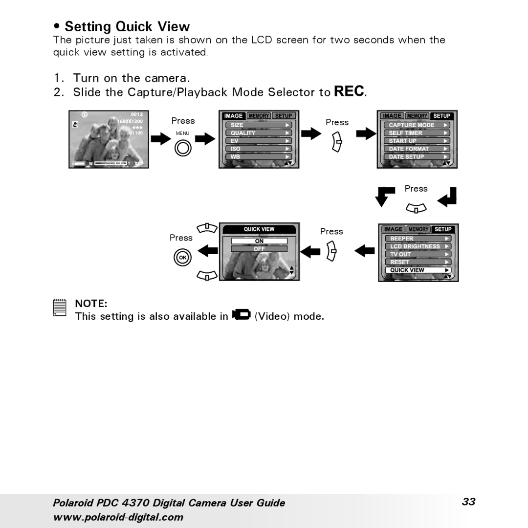 Polaroid PDC 4370 manual Setting Quick View 
