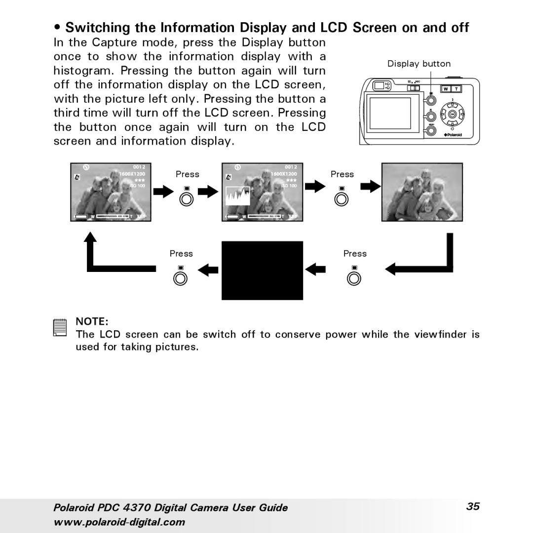 Polaroid PDC 4370 manual Switching the Information Display and LCD Screen on and off 