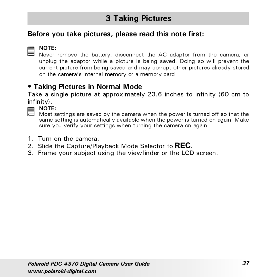 Polaroid PDC 4370 manual Before you take pictures, please read this note first, Taking Pictures in Normal Mode 