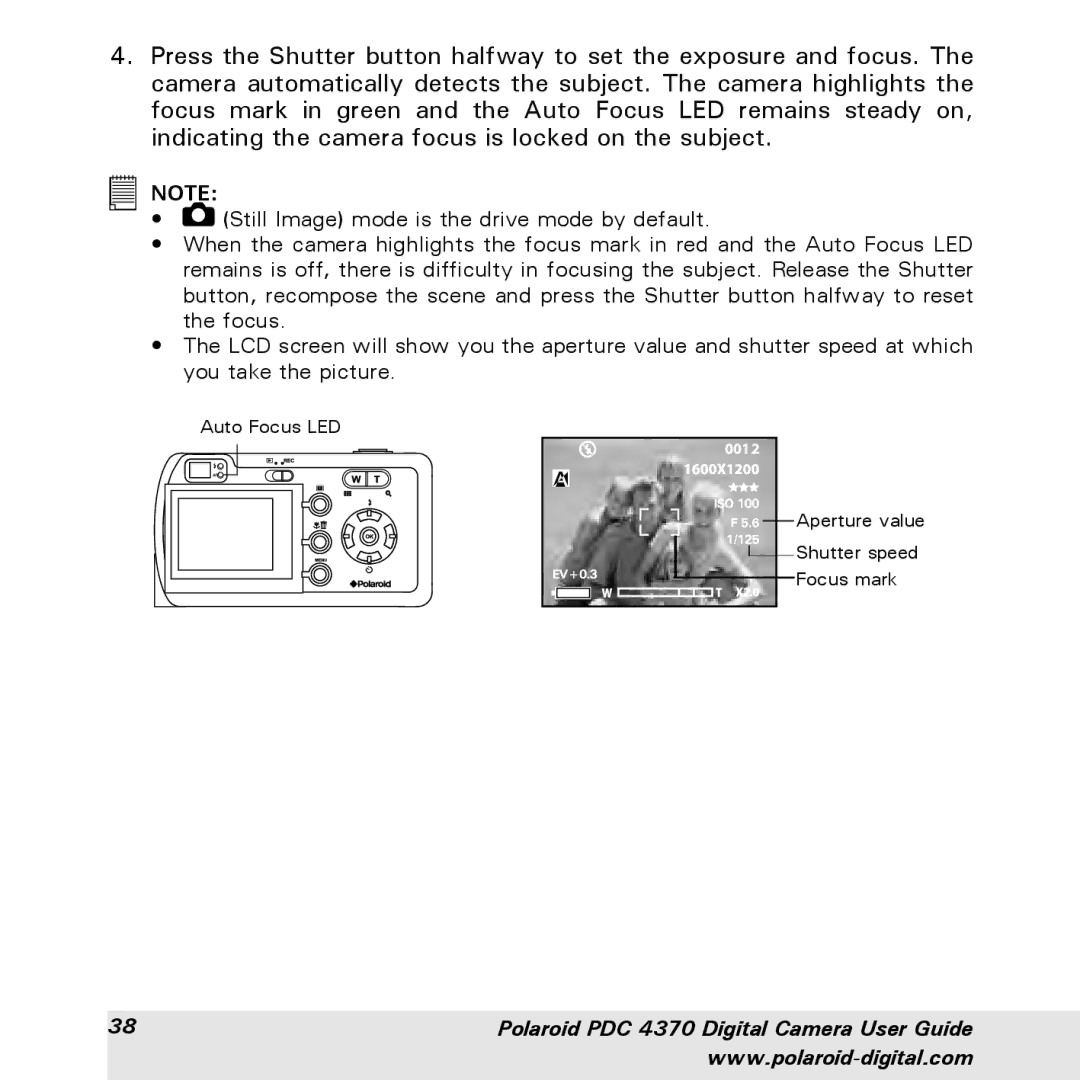 Polaroid PDC 4370 manual Auto Focus LED Aperture value Shutter speed Focus mark 