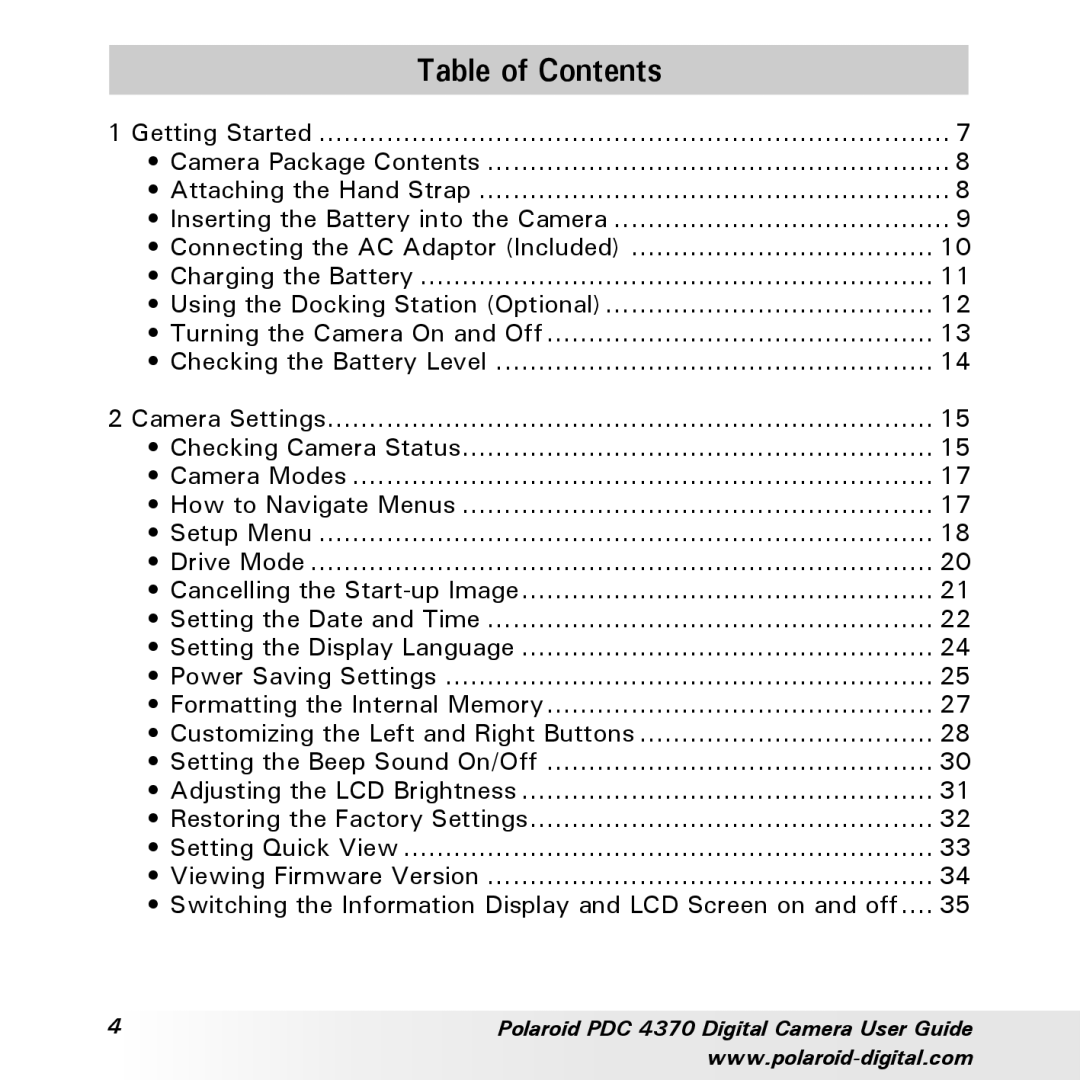 Polaroid PDC 4370 manual Table of Contents 