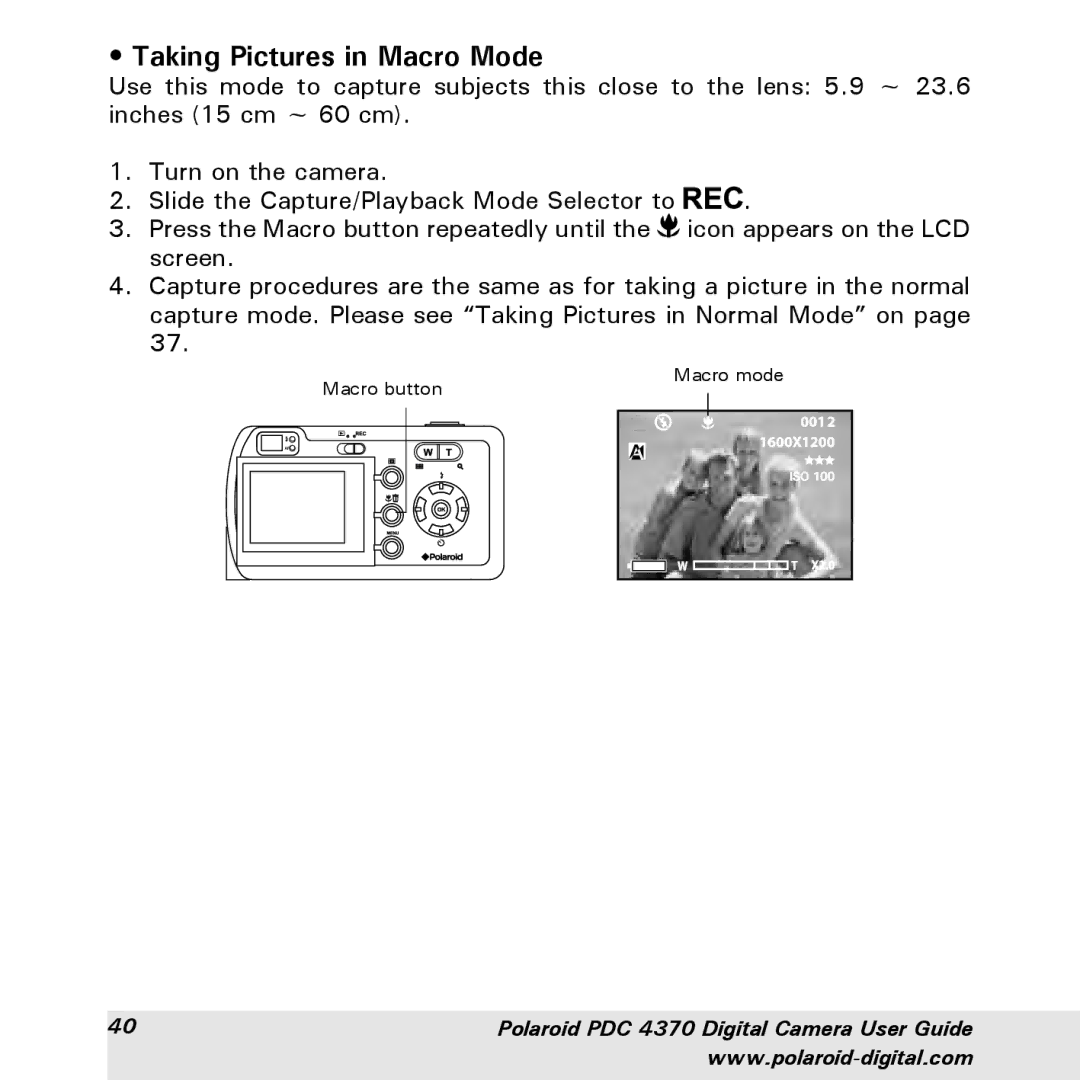 Polaroid PDC 4370 manual Taking Pictures in Macro Mode 