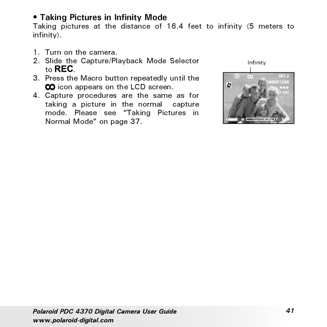 Polaroid PDC 4370 manual Taking Pictures in Infinity Mode 