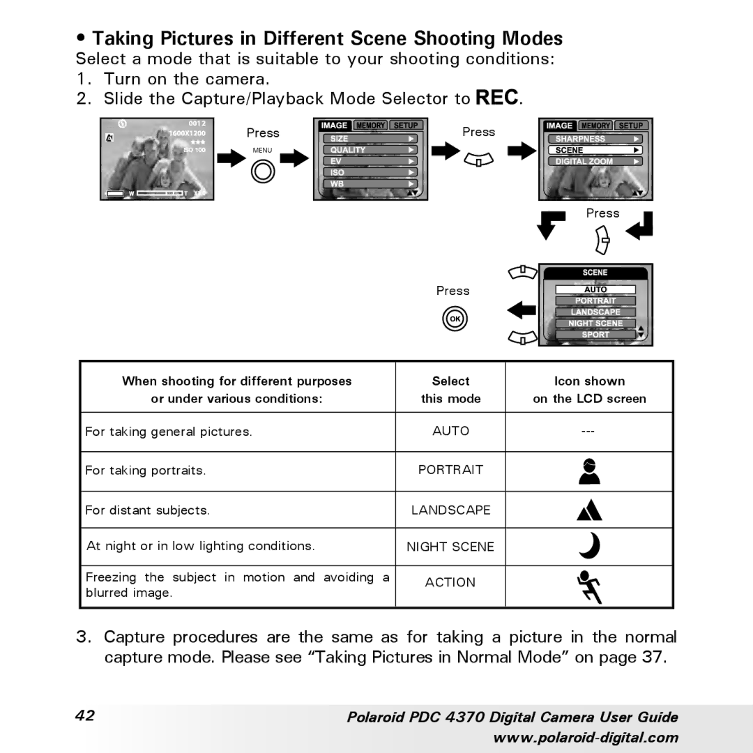 Polaroid PDC 4370 manual Taking Pictures in Different Scene Shooting Modes, Landscape 