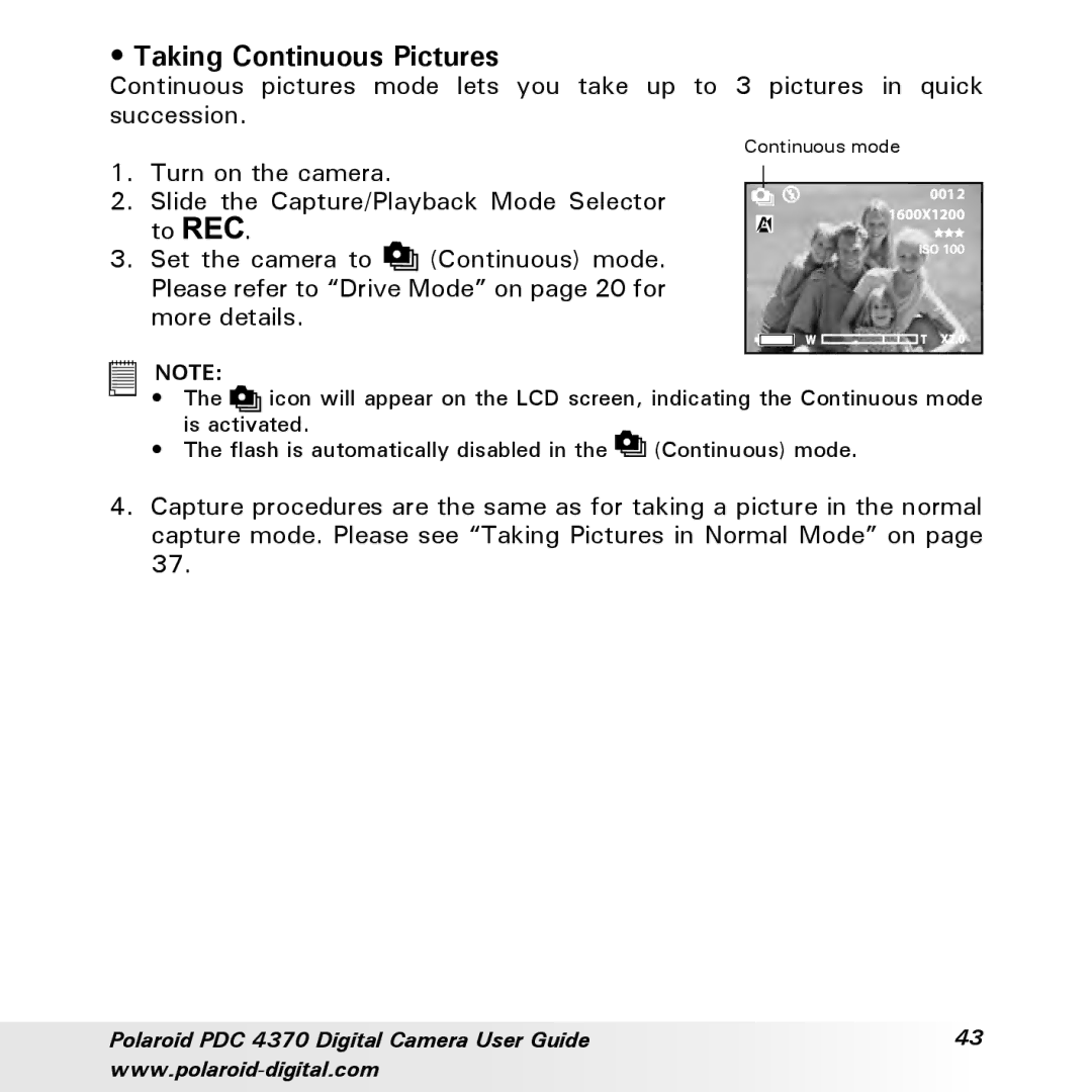 Polaroid PDC 4370 manual Taking Continuous Pictures 