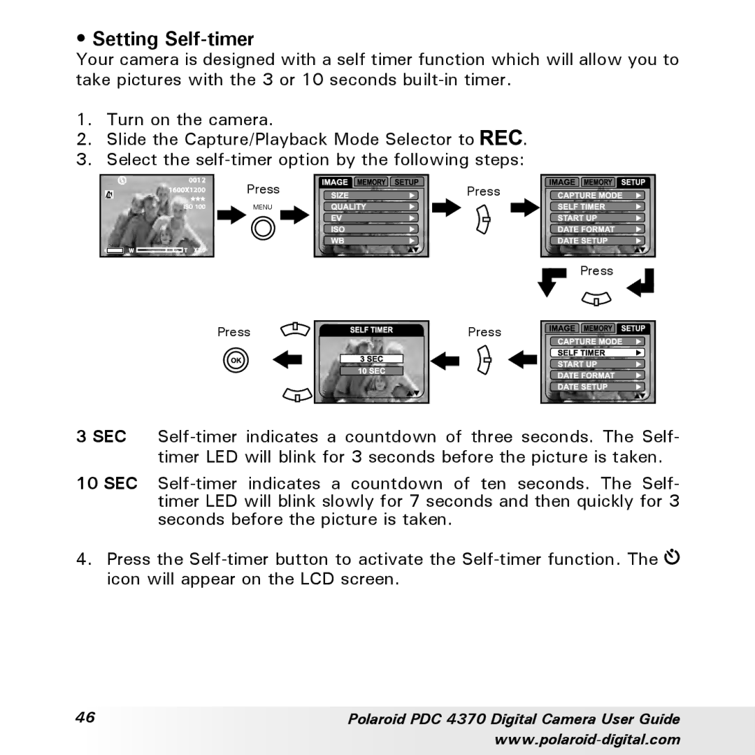 Polaroid PDC 4370 manual Setting Self-timer 