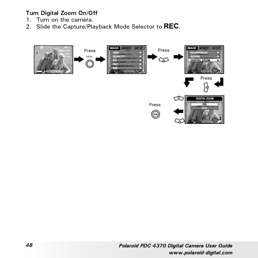 Polaroid PDC 4370 manual Turn Digital Zoom On/Off 