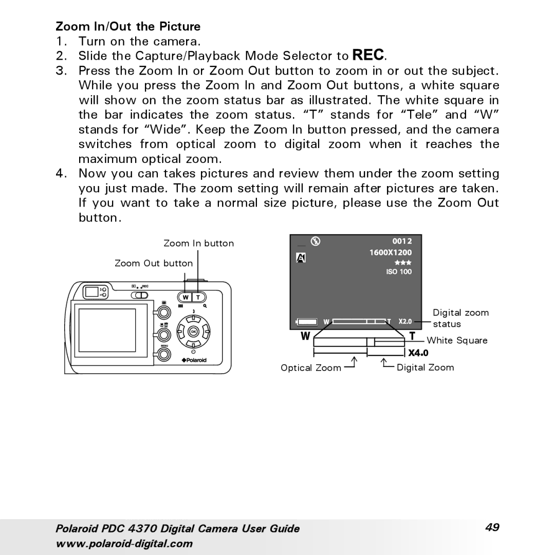 Polaroid PDC 4370 manual Zoom In/Out the Picture 