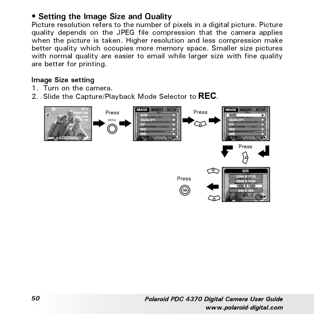 Polaroid PDC 4370 manual Setting the Image Size and Quality, Image Size setting 