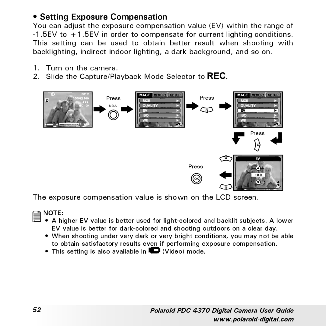 Polaroid PDC 4370 manual Setting Exposure Compensation, Exposure compensation value is shown on the LCD screen 