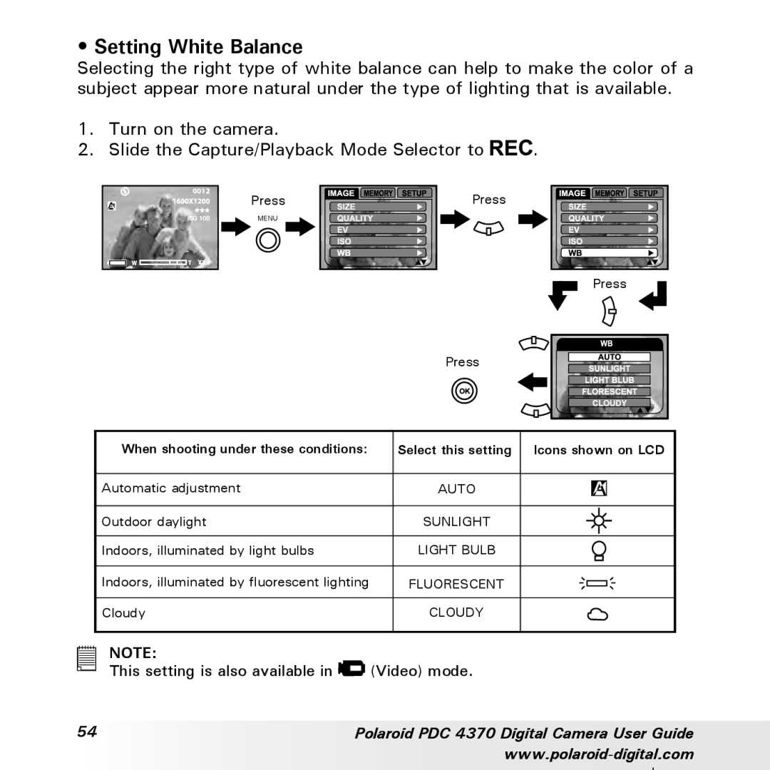 Polaroid PDC 4370 manual Setting White Balance 