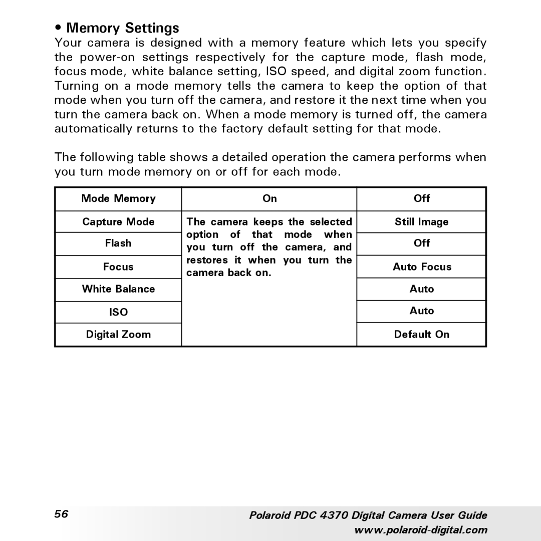 Polaroid PDC 4370 manual Memory Settings 