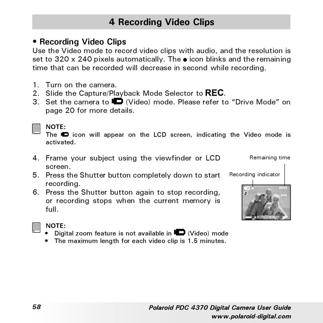 Polaroid PDC 4370 manual Recording Video Clips 