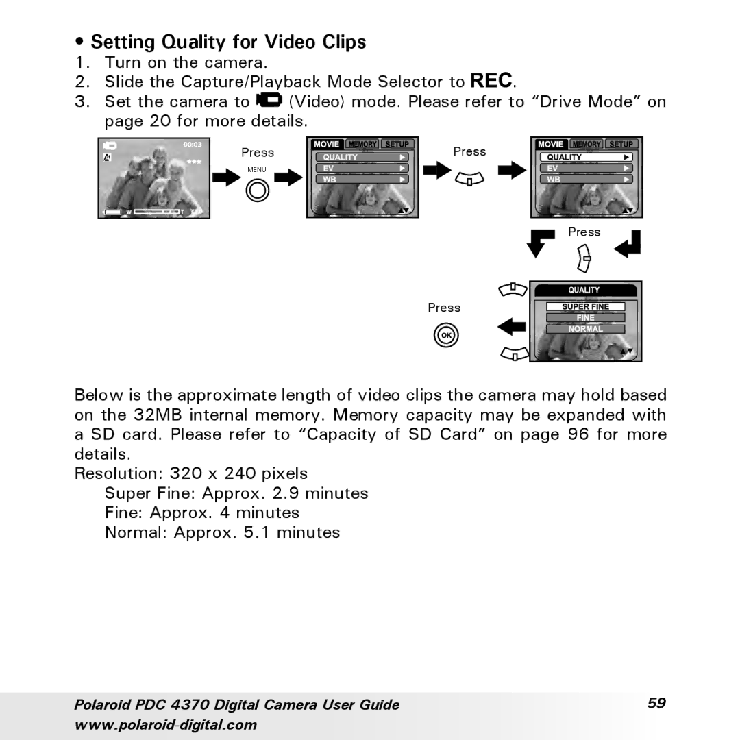 Polaroid PDC 4370 manual Setting Quality for Video Clips 