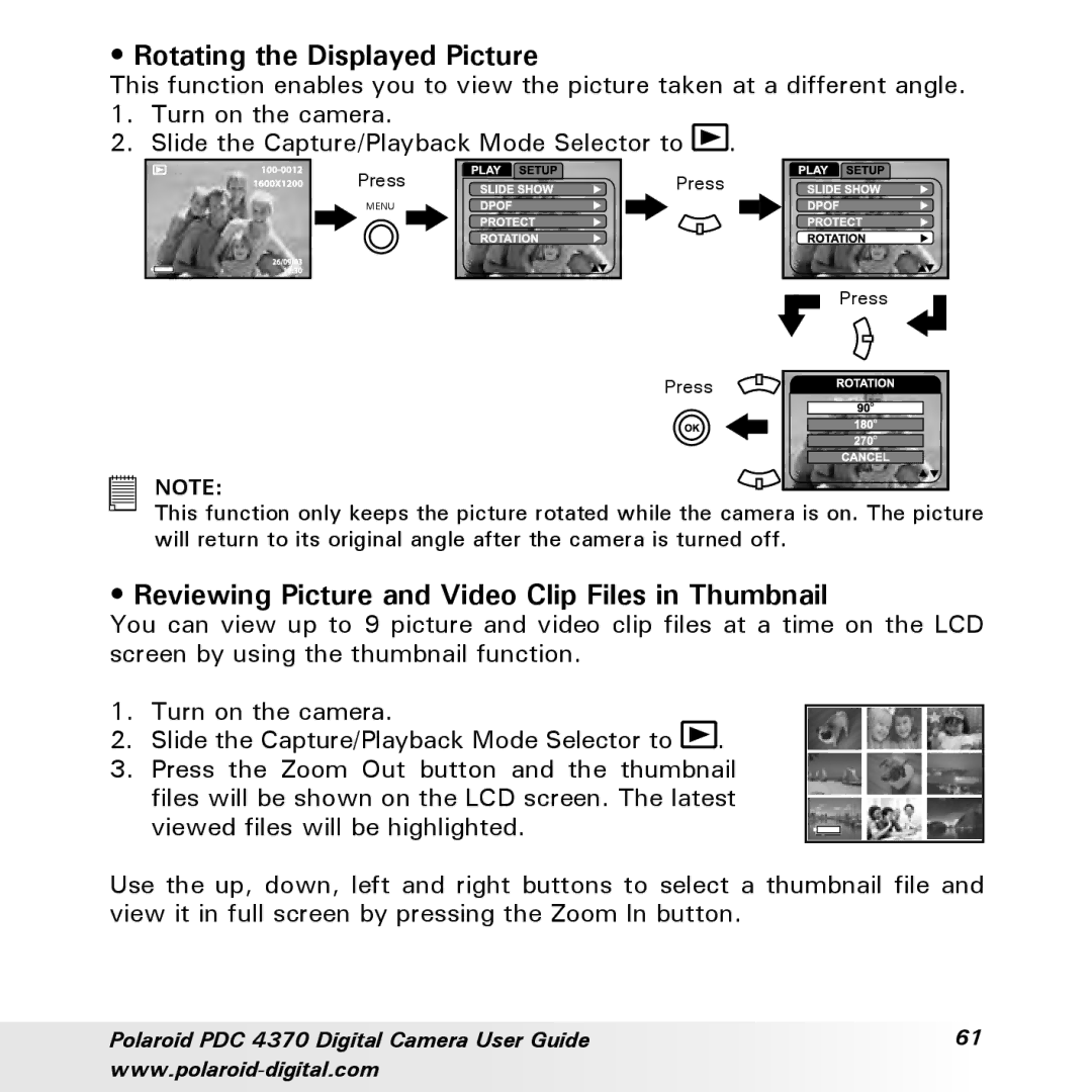 Polaroid PDC 4370 manual Rotating the Displayed Picture, Reviewing Picture and Video Clip Files in Thumbnail 