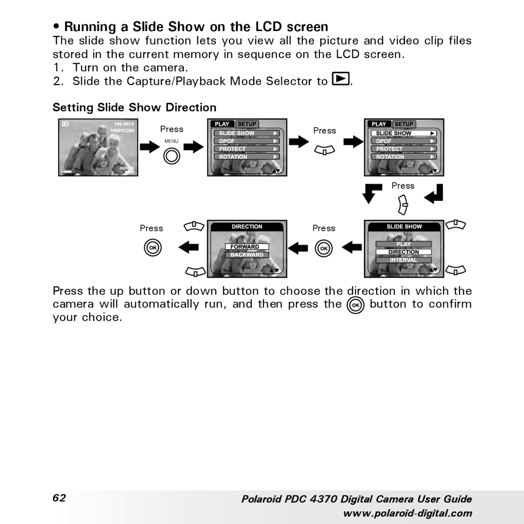 Polaroid PDC 4370 manual Running a Slide Show on the LCD screen, Setting Slide Show Direction 