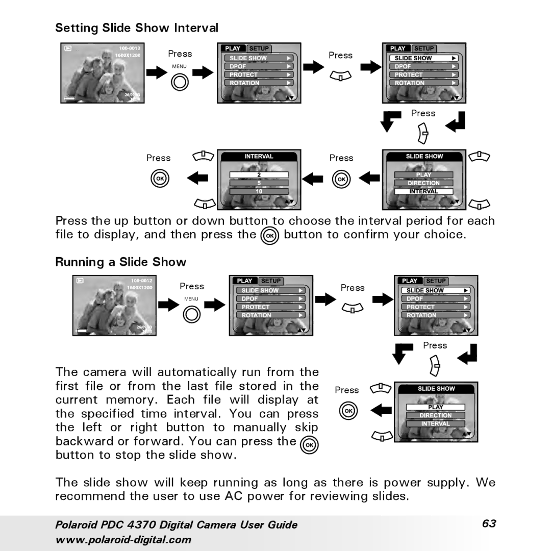 Polaroid PDC 4370 manual Setting Slide Show Interval, Running a Slide Show 