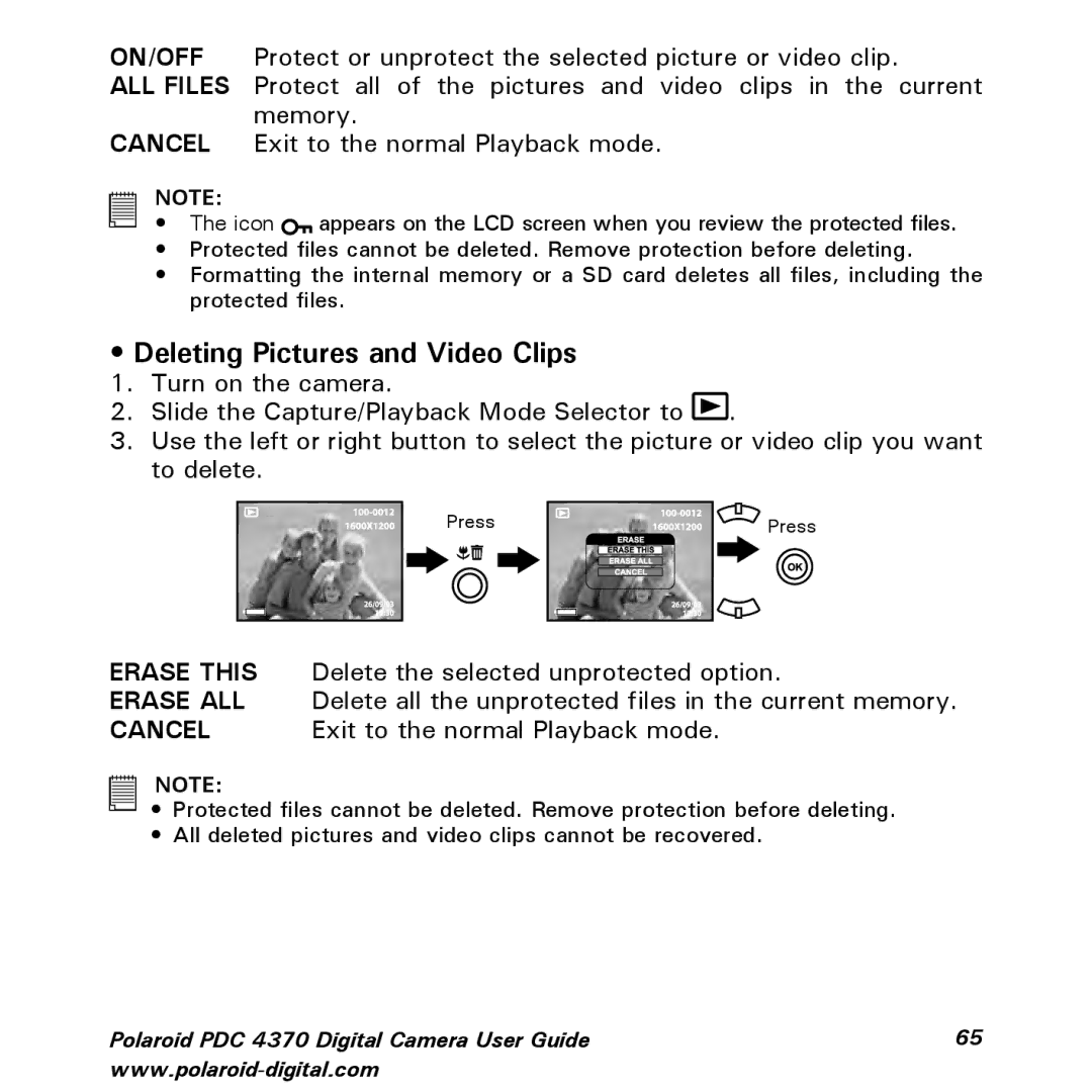 Polaroid PDC 4370 manual Deleting Pictures and Video Clips 