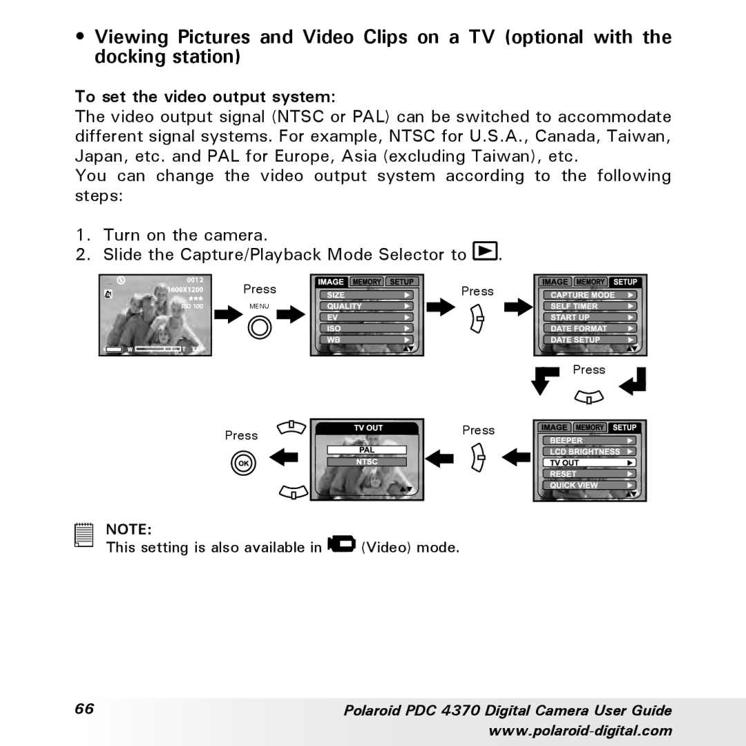 Polaroid PDC 4370 manual To set the video output system 