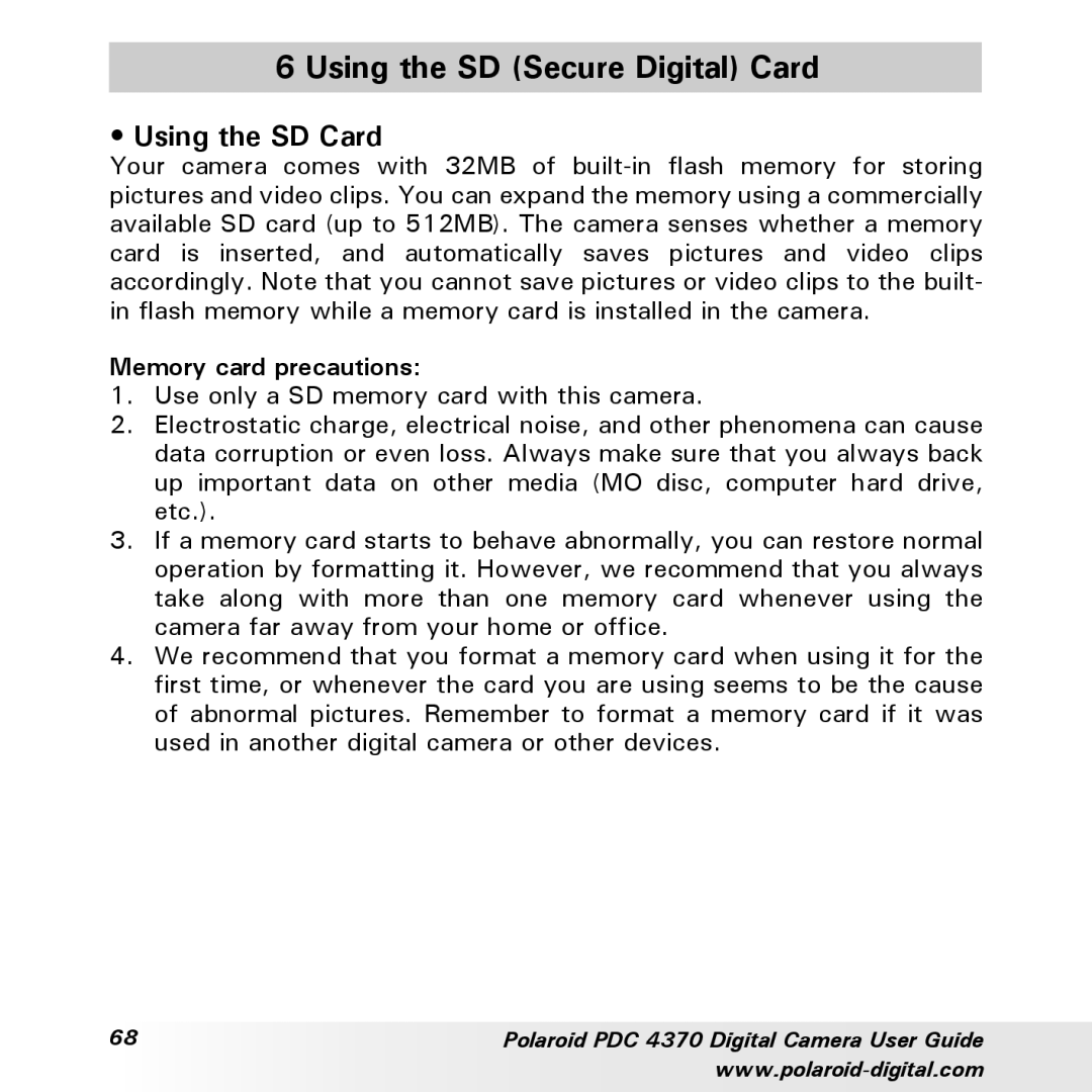 Polaroid PDC 4370 manual Using the SD Secure Digital Card, Using the SD Card, Memory card precautions 