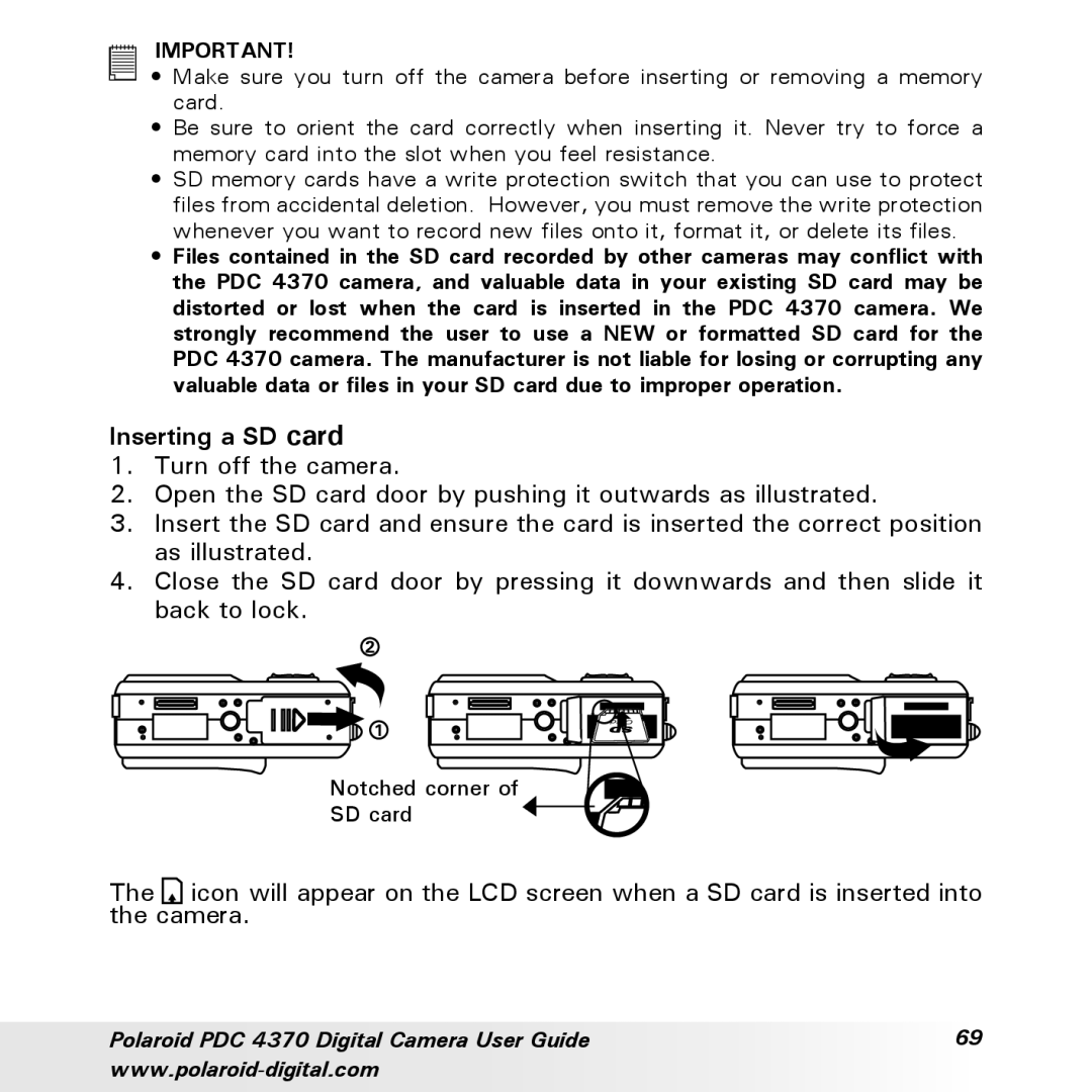 Polaroid PDC 4370 manual Inserting a SD card 