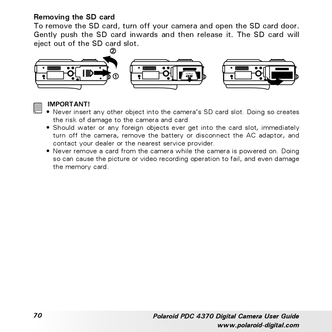 Polaroid PDC 4370 manual Removing the SD card 