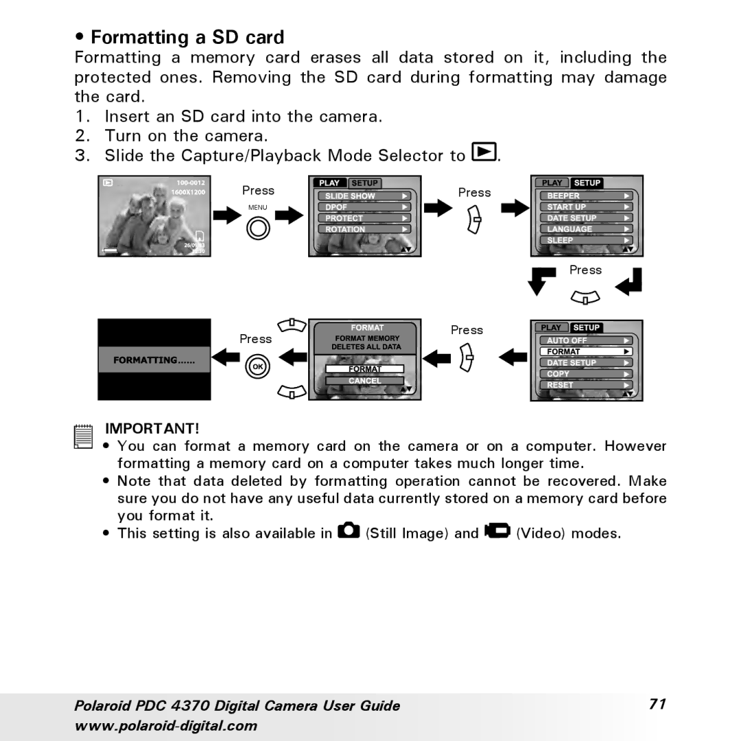 Polaroid PDC 4370 manual Formatting a SD card 