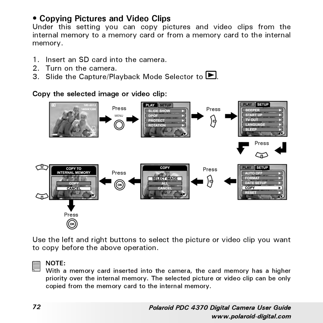 Polaroid PDC 4370 manual Copying Pictures and Video Clips, Copy the selected image or video clip 