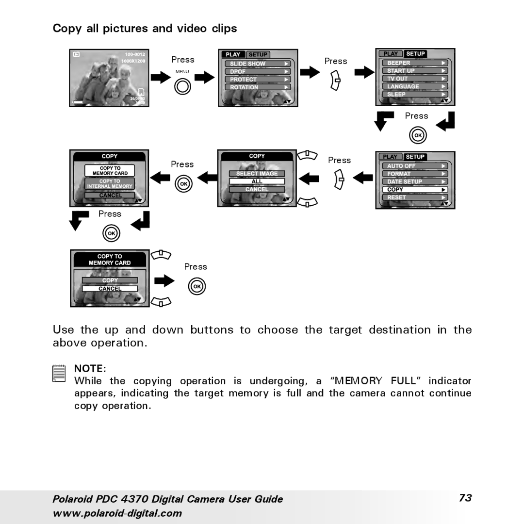 Polaroid PDC 4370 manual Copy all pictures and video clips 